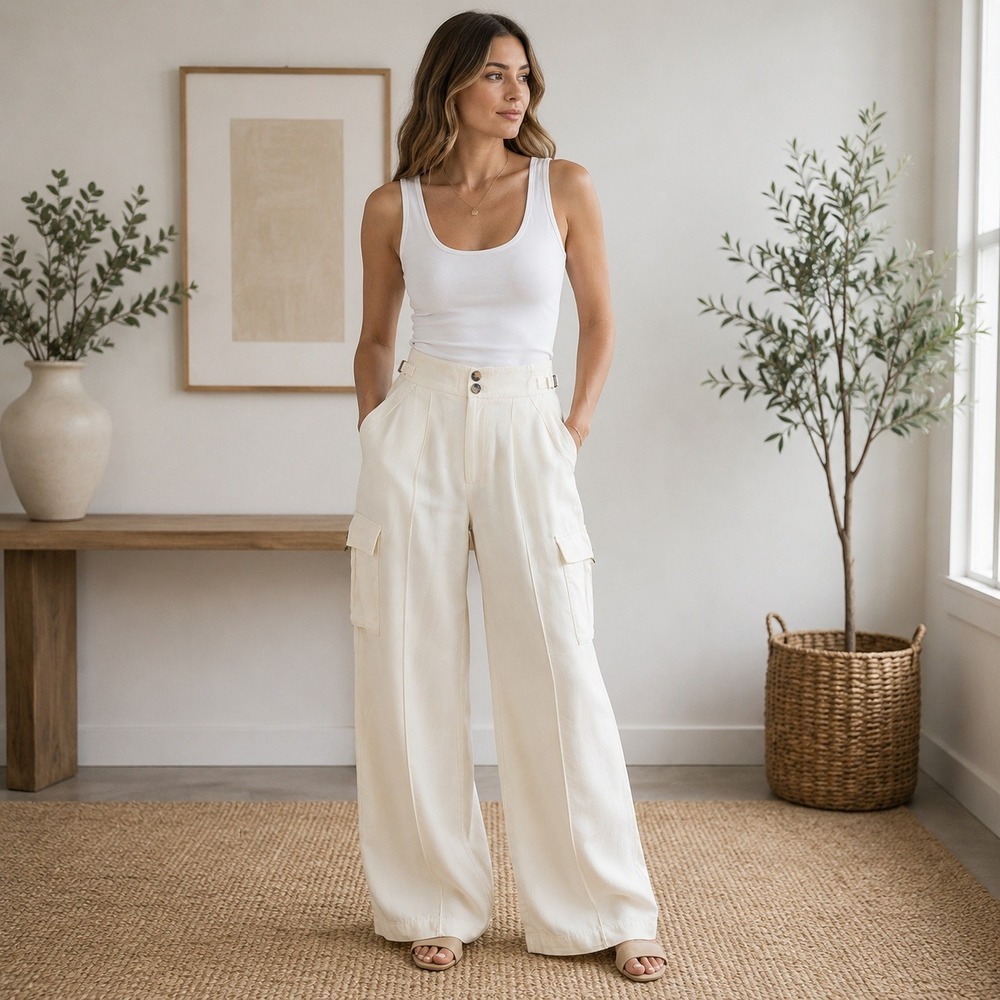 Banana Republic Wide Leg Cargo Pants Ivory Lightweight Tencel High Rise Womens 0